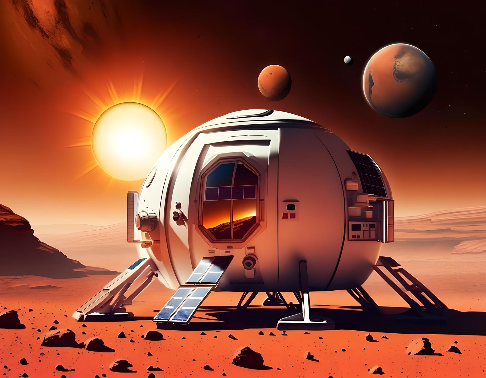 Astronaut Base on Mars with Rising Sun