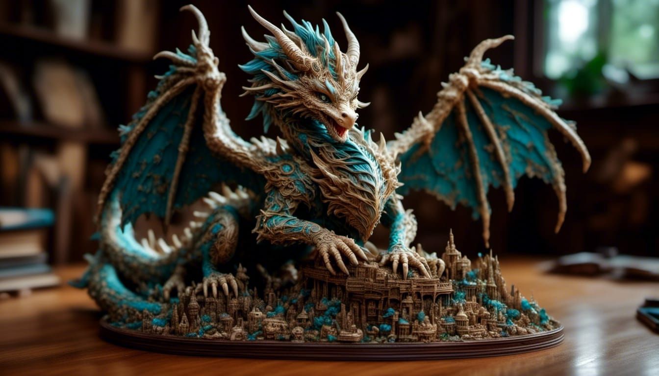 Hyperrealistic Wood Dragon Figurine in Dynamic Pose