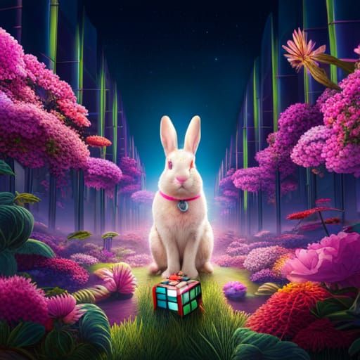 Bunny Rabbit Solves Rubik's Cube in Neon Garden