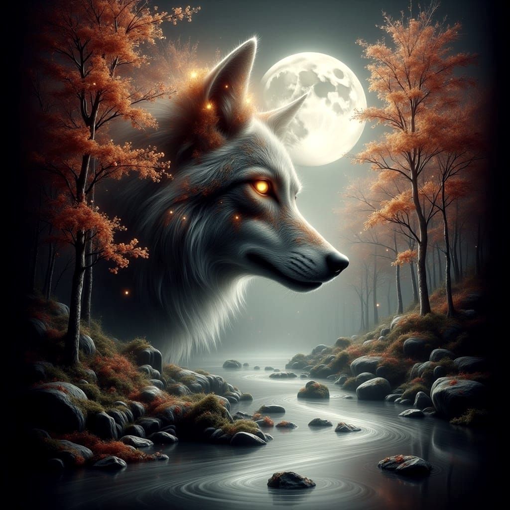 Ethereal Wolf Head in Mystical Autumn Forest