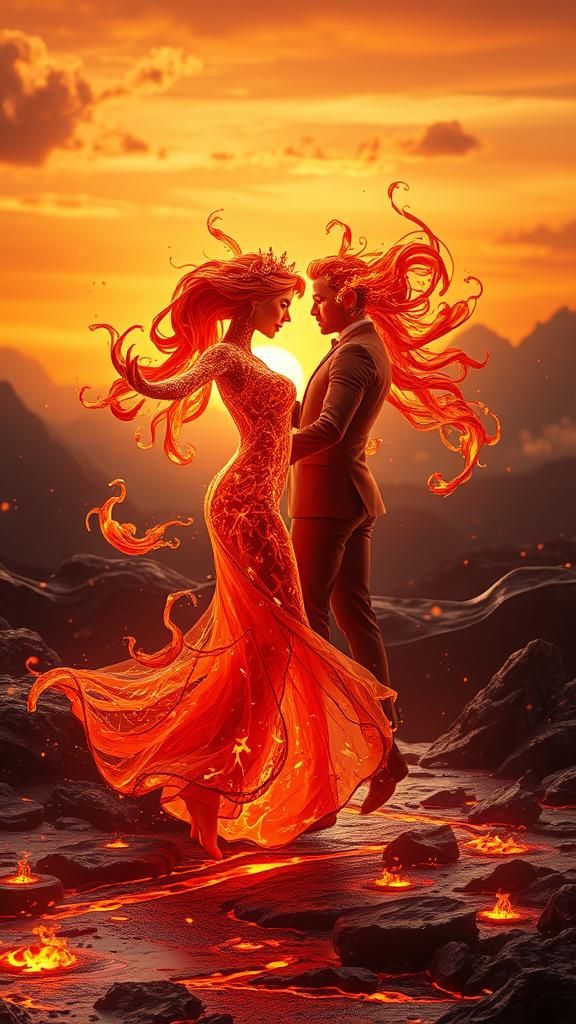 Fiery Lava Lovers Dancing in Volcanic Sunset