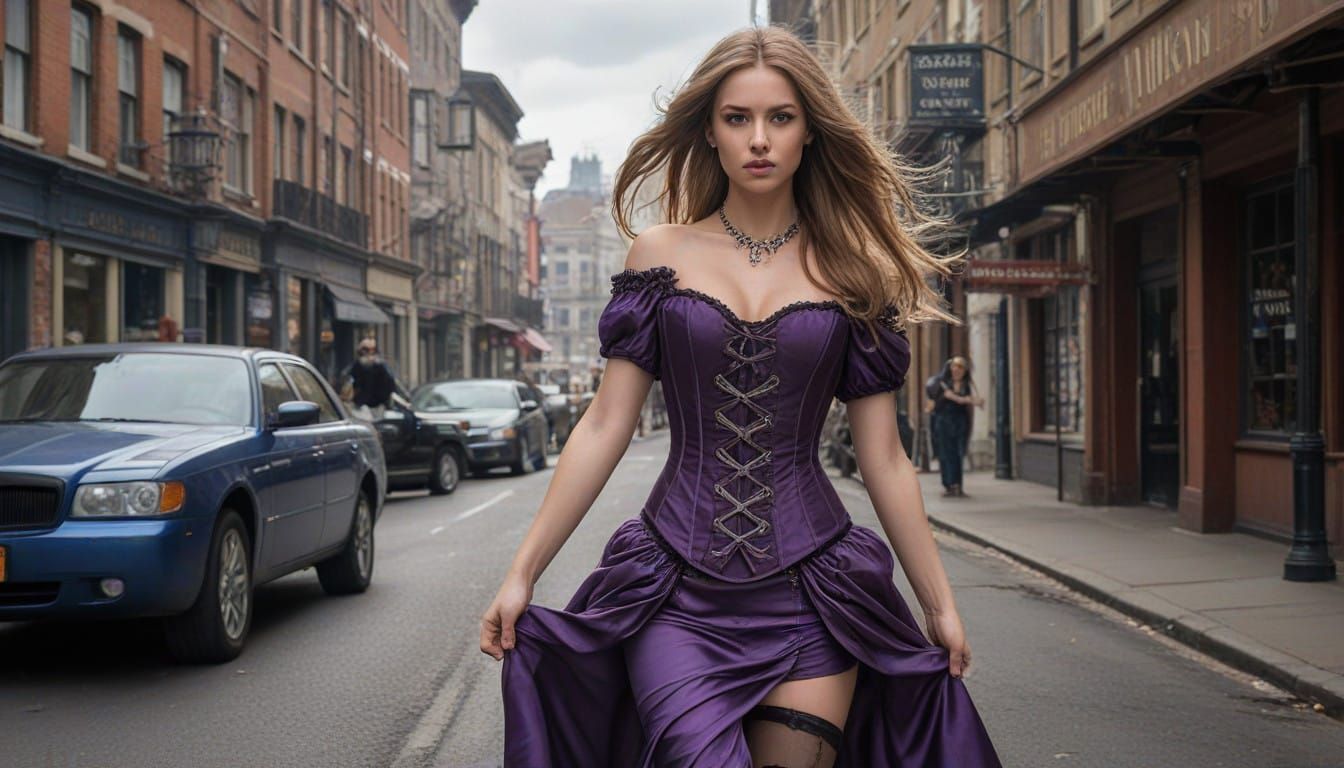 Steampunk Victoria Era Woman Escapes through the Streets