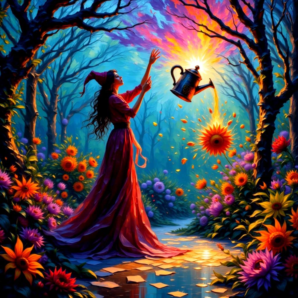 “Enchanted Growth: The Witch’s Floating Watering Can”
