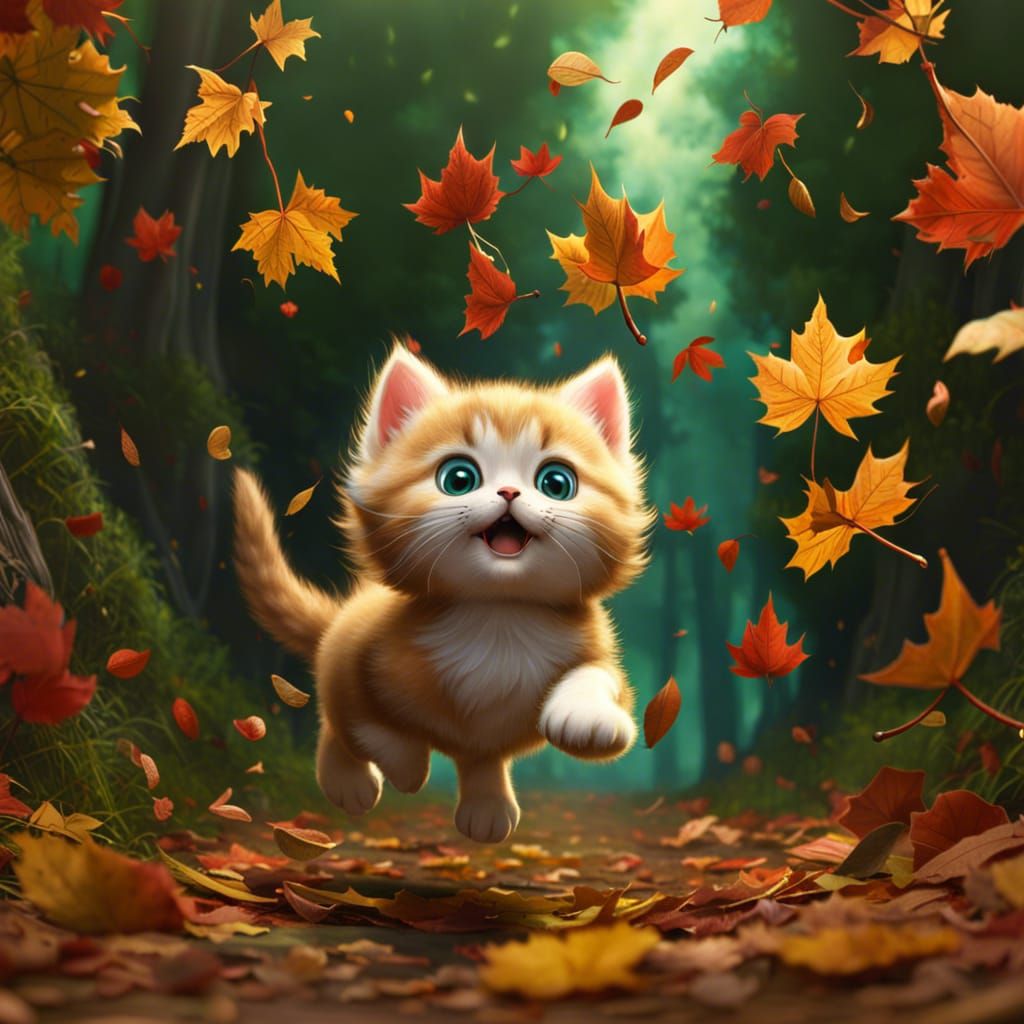 Playful Kittens Catching Autumn Leaves