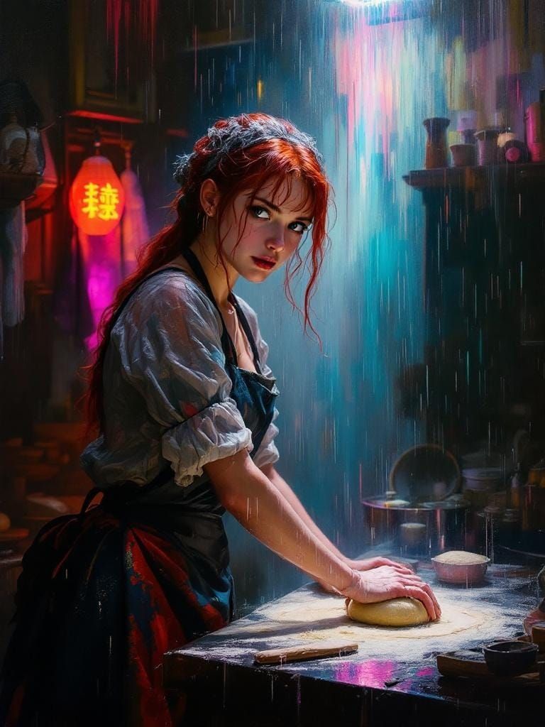 Redhead Baker in Neon Hong Kong Kitchen, Turner-Richter Styl...