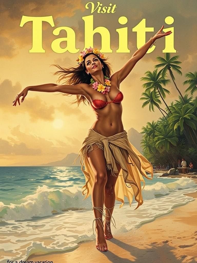 Tahiti Beach Dancer: Vintage Travel Poster Art