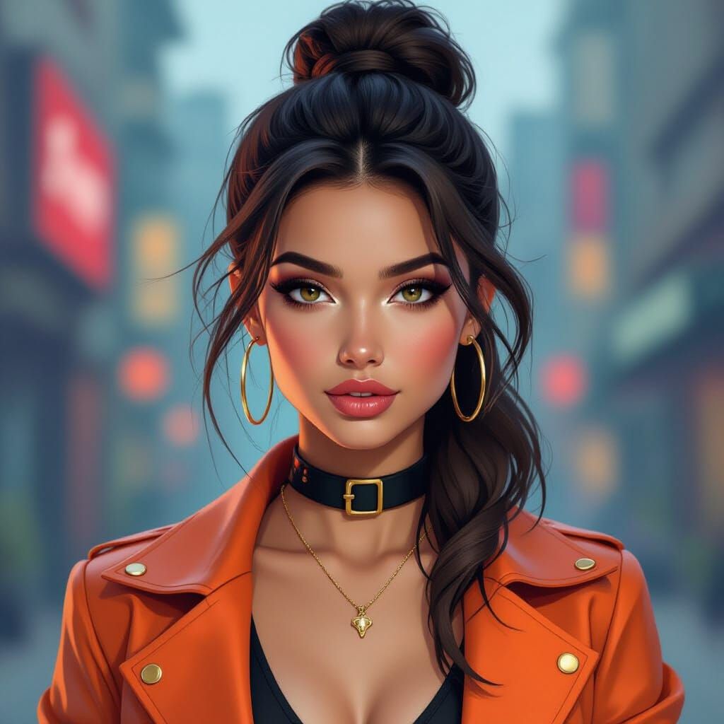 Confident Woman in Bold Outfit, Digital Painting Style