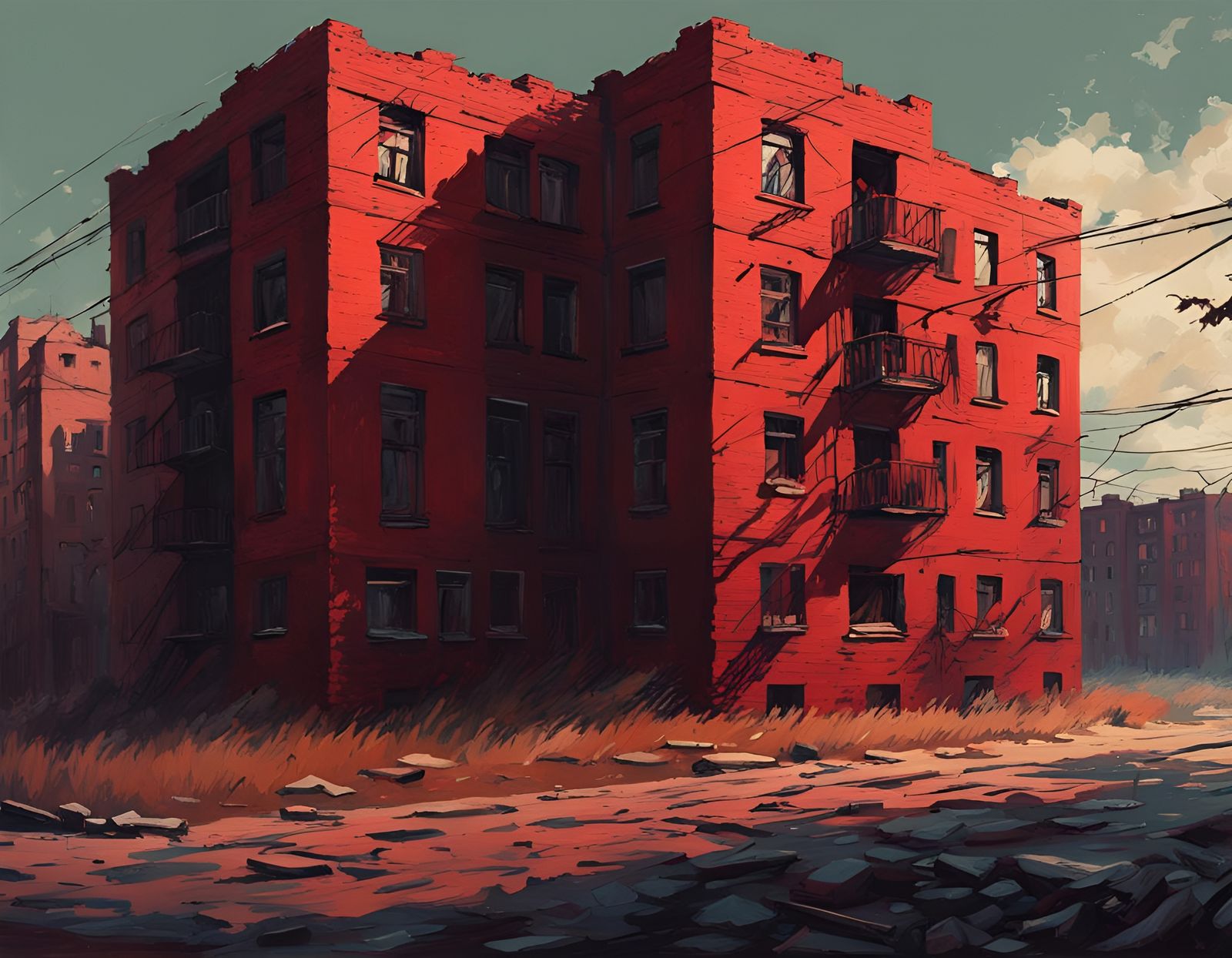 Red Brick Building in Matte Painting Style
