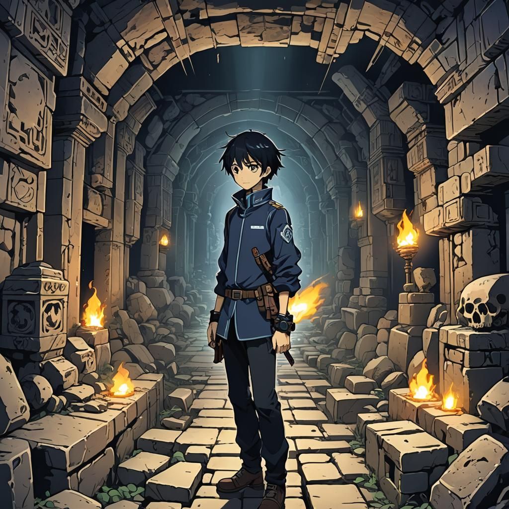 Anime Boy Exploring Cobalt Catacombs in 3D Style
