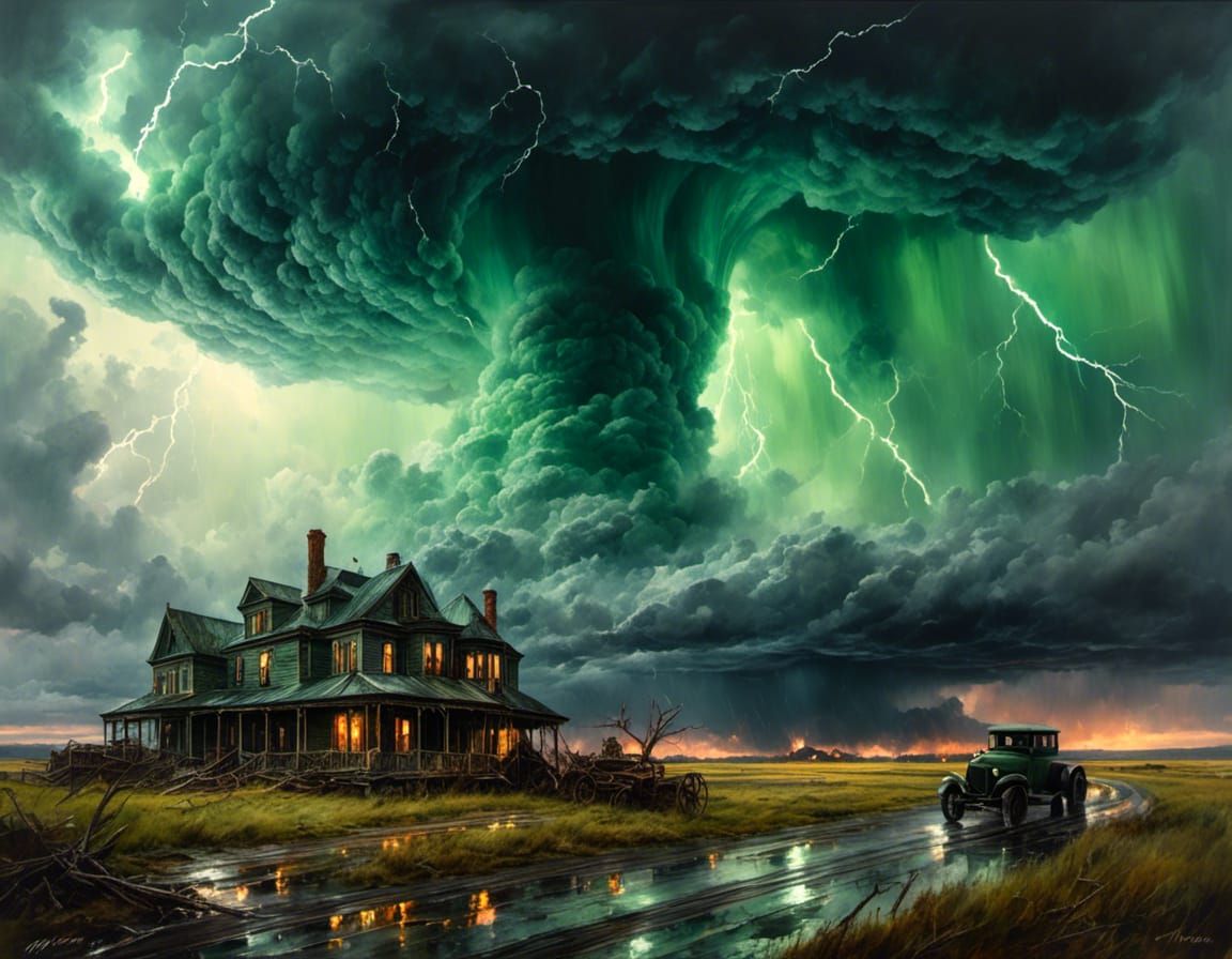 Macabre Tornado Under Pale Green Sky