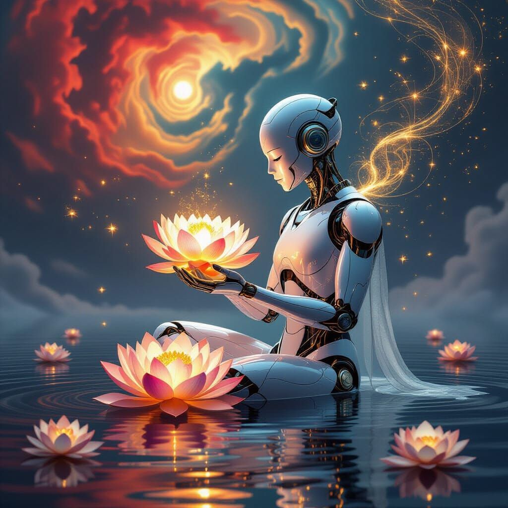 Robot in Water Holding Glowing Lotus, Cosmic Dreamscape