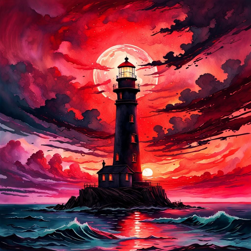 Red Sunset Lighthouse Seascape in Fantasy Watercolour