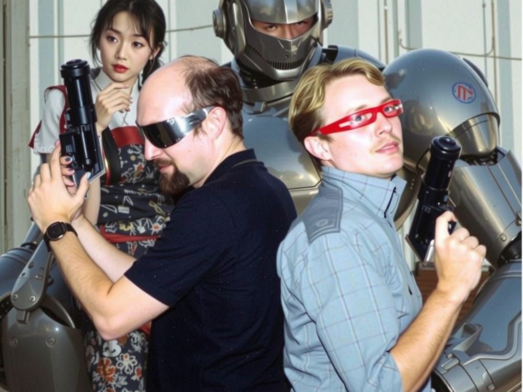 Futuristic Heroes Protect Japanese Woman in Neon City