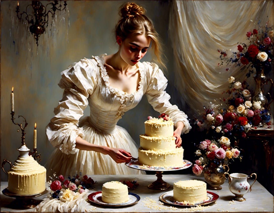 victorian girl, making a vanilla cake