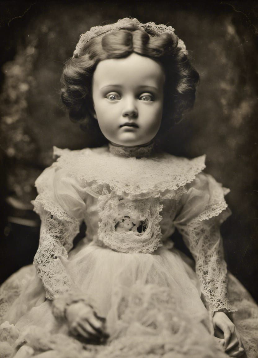 Creepy Haunted Porcelain Doll in Antique Photograph Style