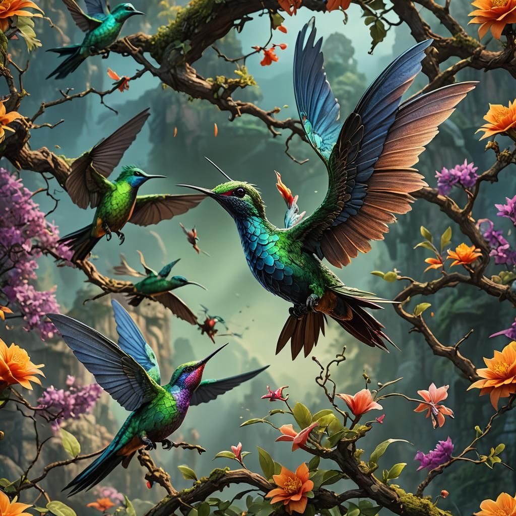 Dragon-Hummingbird Hybrid in Detailed Fantasy Art
