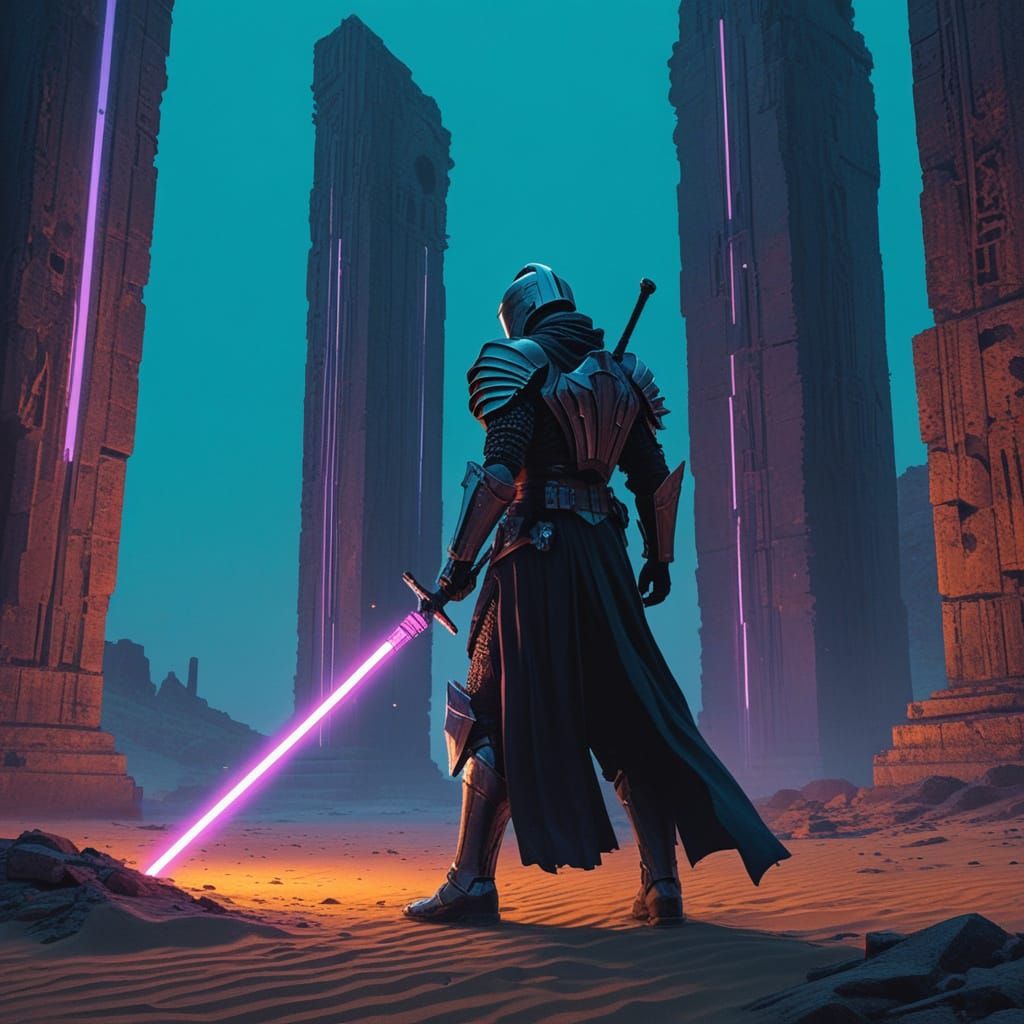 Cyber Knight with Energy Sword Amidst Neon Ruins