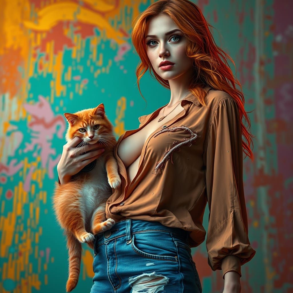 Ginger Woman in Ripped Blouse, Torn Jeans, and Hyperrealisti...