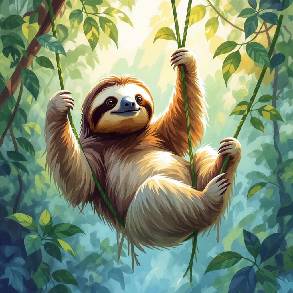 Watercolor Sloth Hanging on Vine with Dynamic Lighting