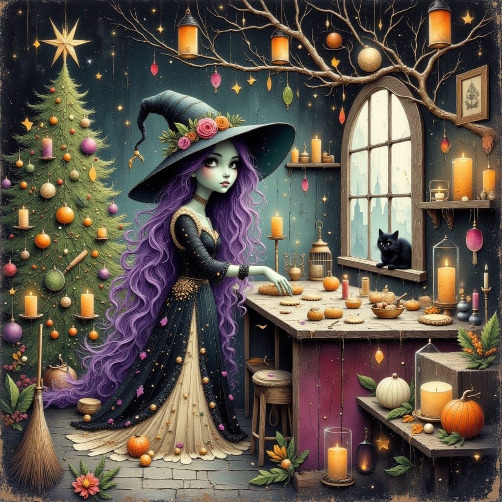 Witch Baking in Cozy Christmas Cottage