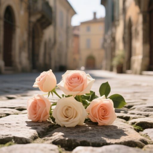 Peach Cream Roses on Ancient Stone Street Photography