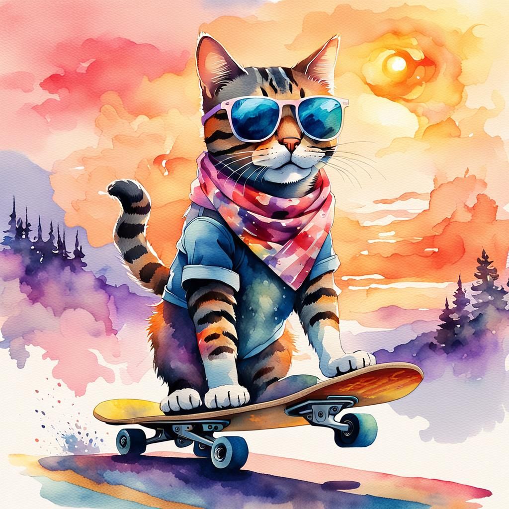 Cool Cat on Skateboard in Watercolor Style