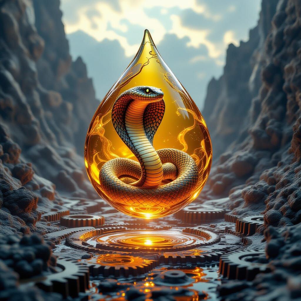 Honey Cobra in Amber Droplet, Surreal Optical Art