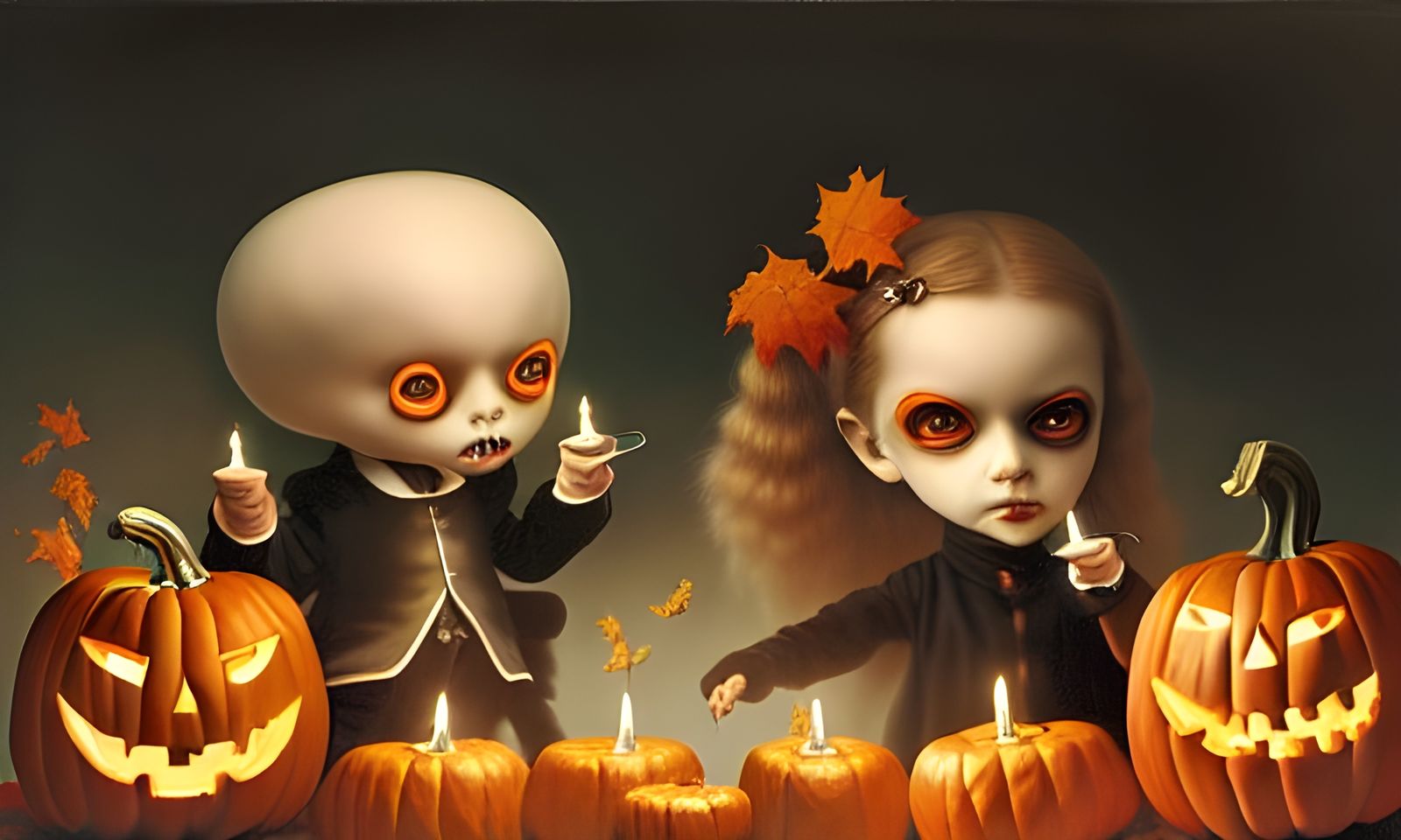 Ominous Painting of Trick or Treaters by Pumpkin