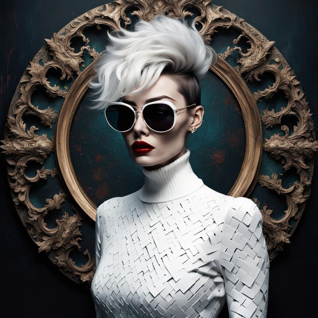 front profile half body Photography, in front of black wall, a punk 80's British model woman with 50's haircut, in a whi...