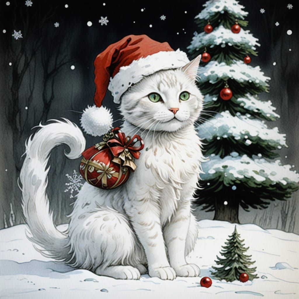 Whimsical Christmas Cat in Festive Wonderland