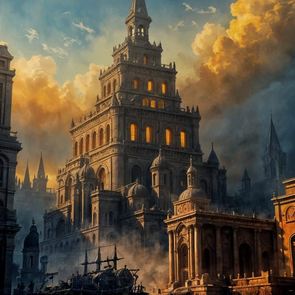 Fantasy Structure: Detailed Oil Painting in Golden Hour
