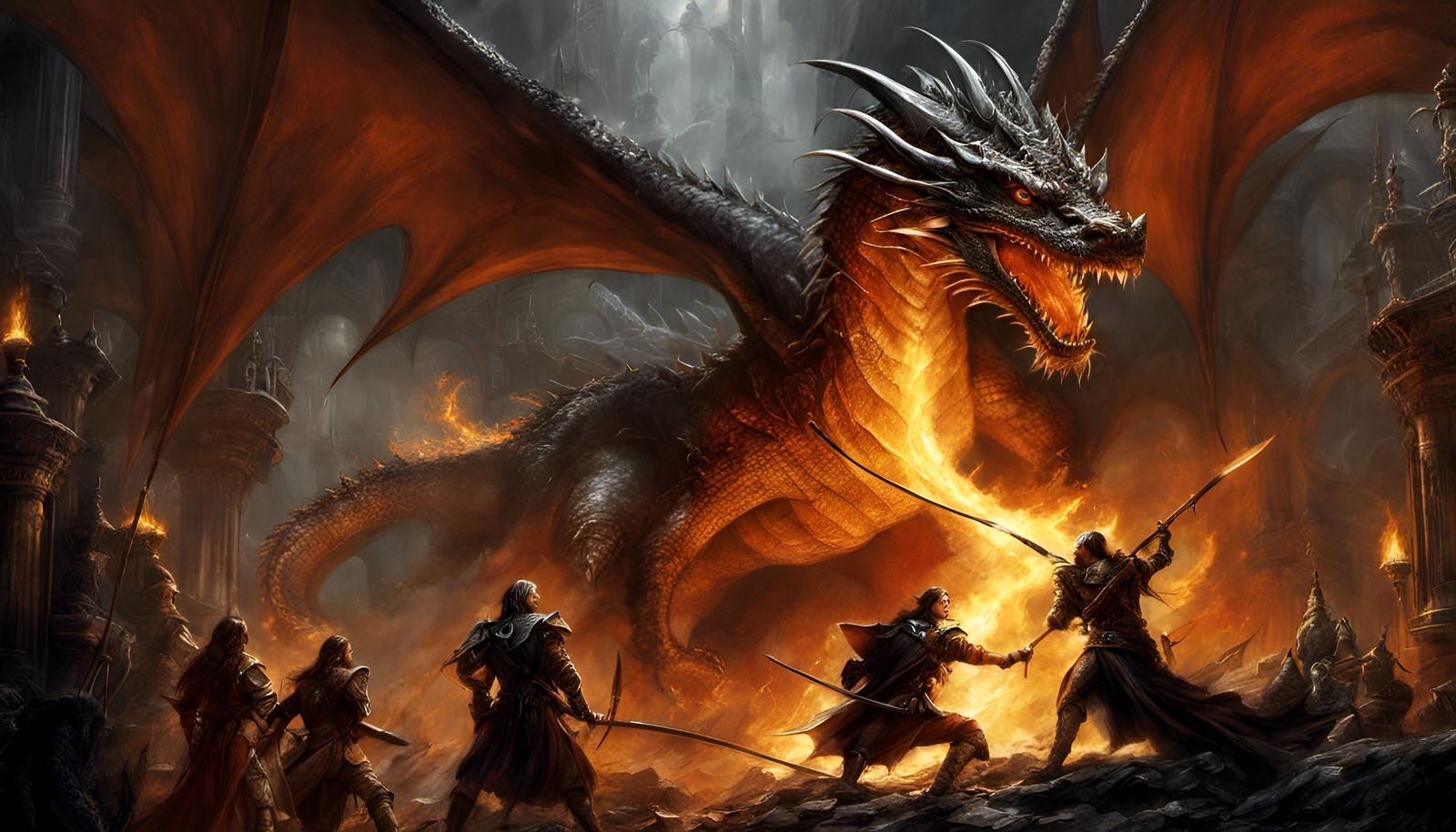 Adventurers Versus Fire Dragon in Lair