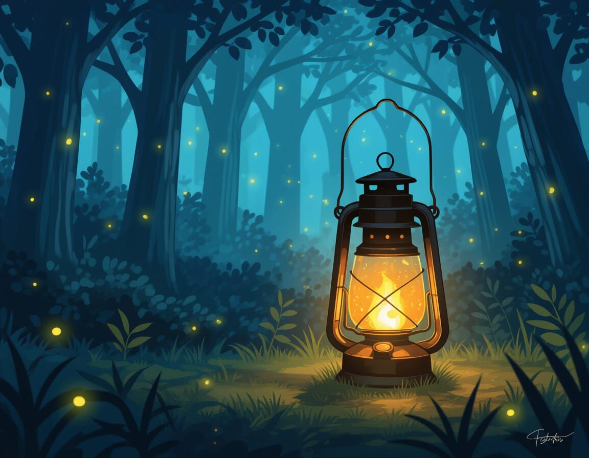 Magical Lantern in Forest with Fireflies