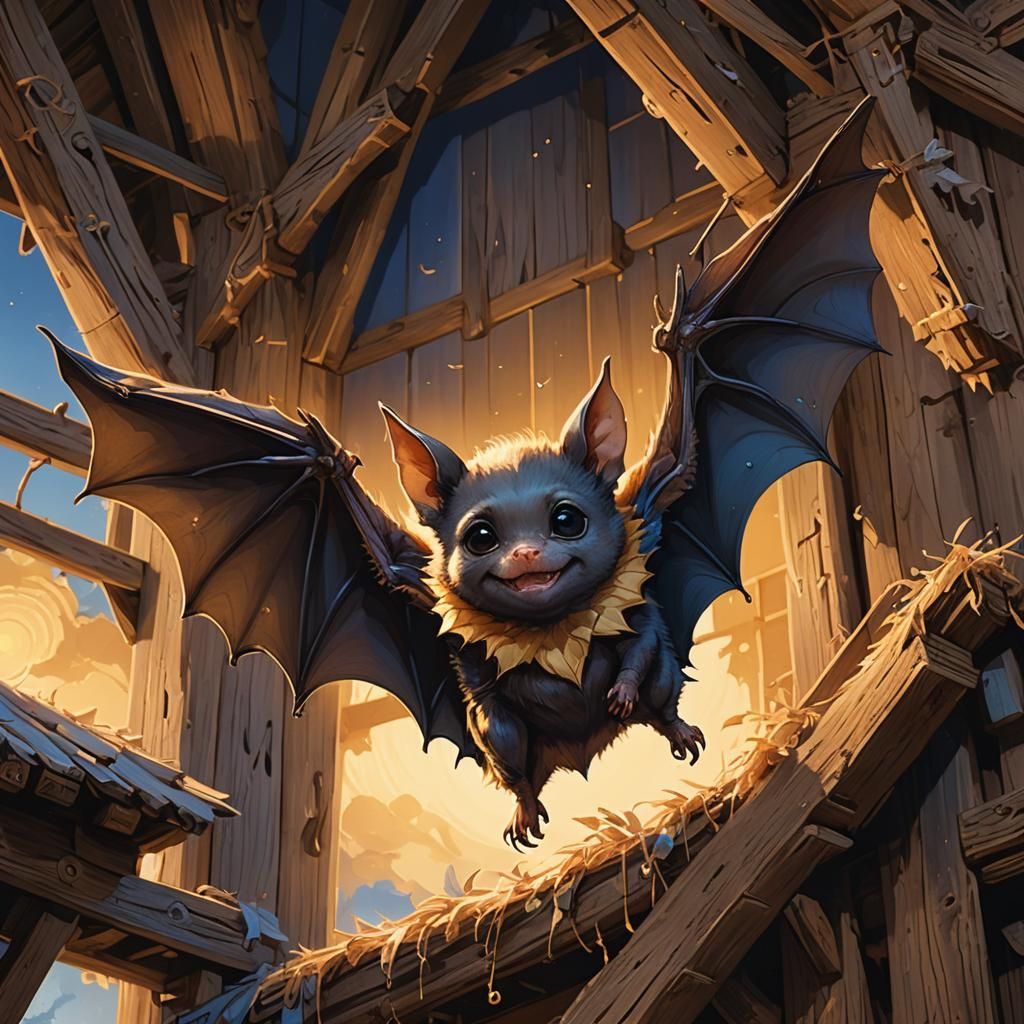 Baby Bat Pippa in Rustic Barn: Fantasy Art