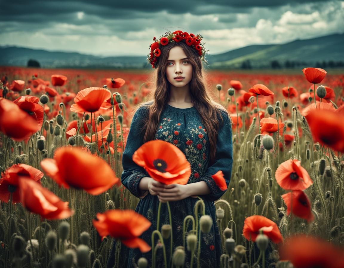 Girl with Poppies in a Blooming Field