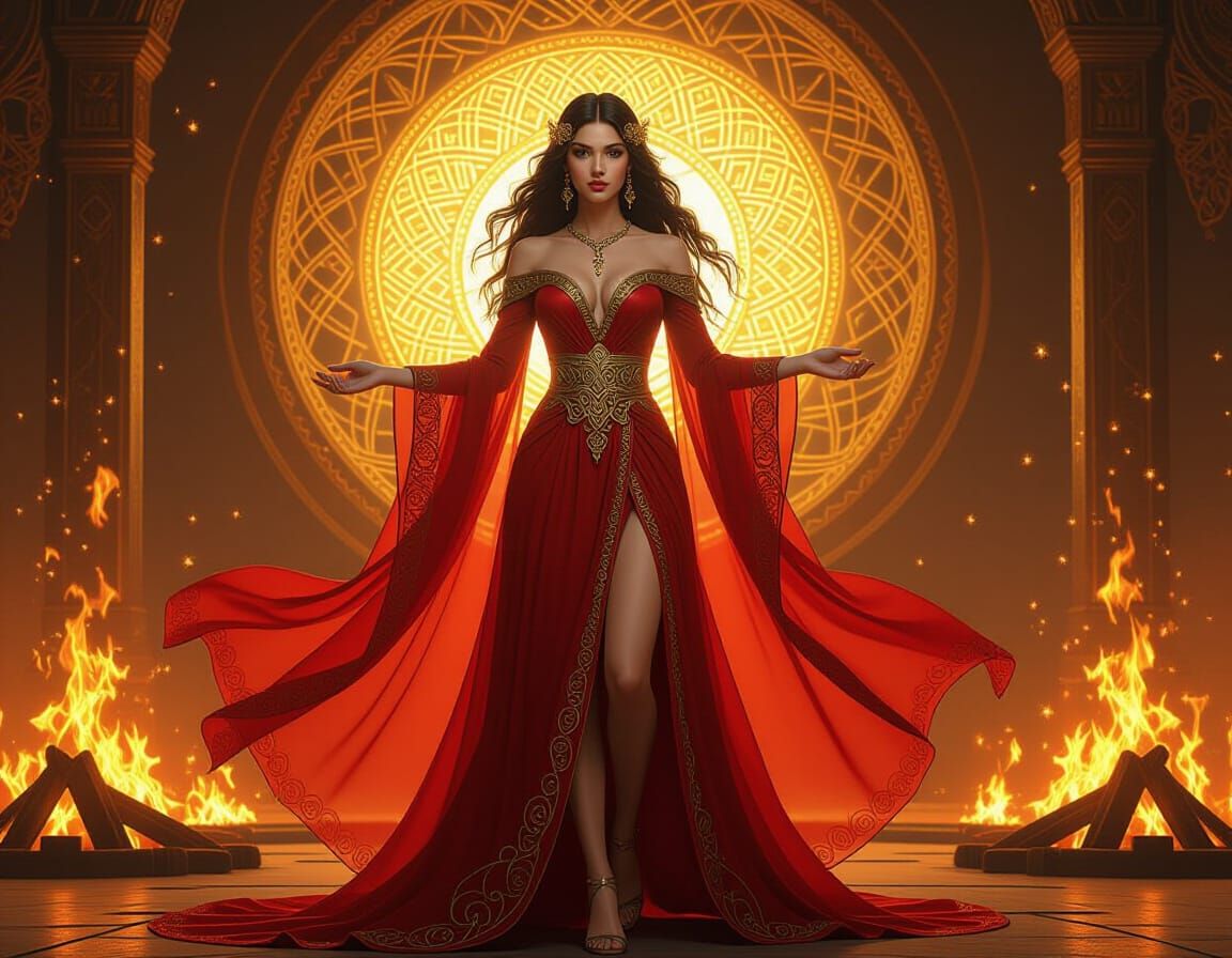 Radiant Celtic Priestess in Mythic Bonfire Setting