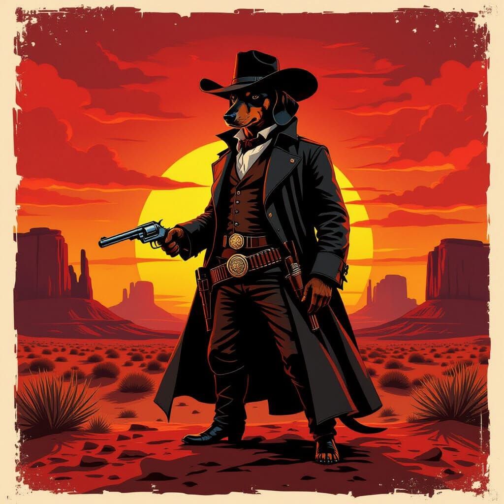 Dachshund Gunslinger Against Blood-Red Desert Sunset