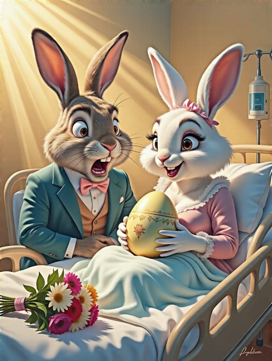 Rabbit Family Welcomes Easter Egg in Whimsical Hyperrealism