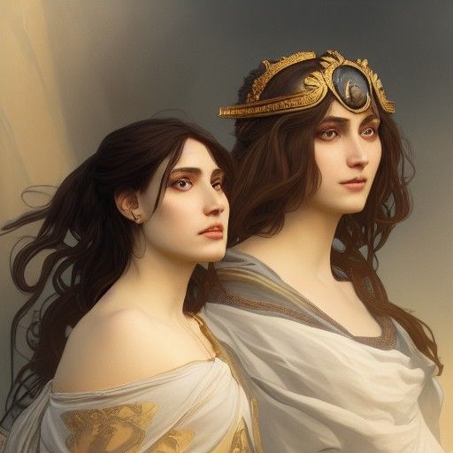 Phedre and Theseus: Hyperdetailed Portrait in Art Nouveau St...