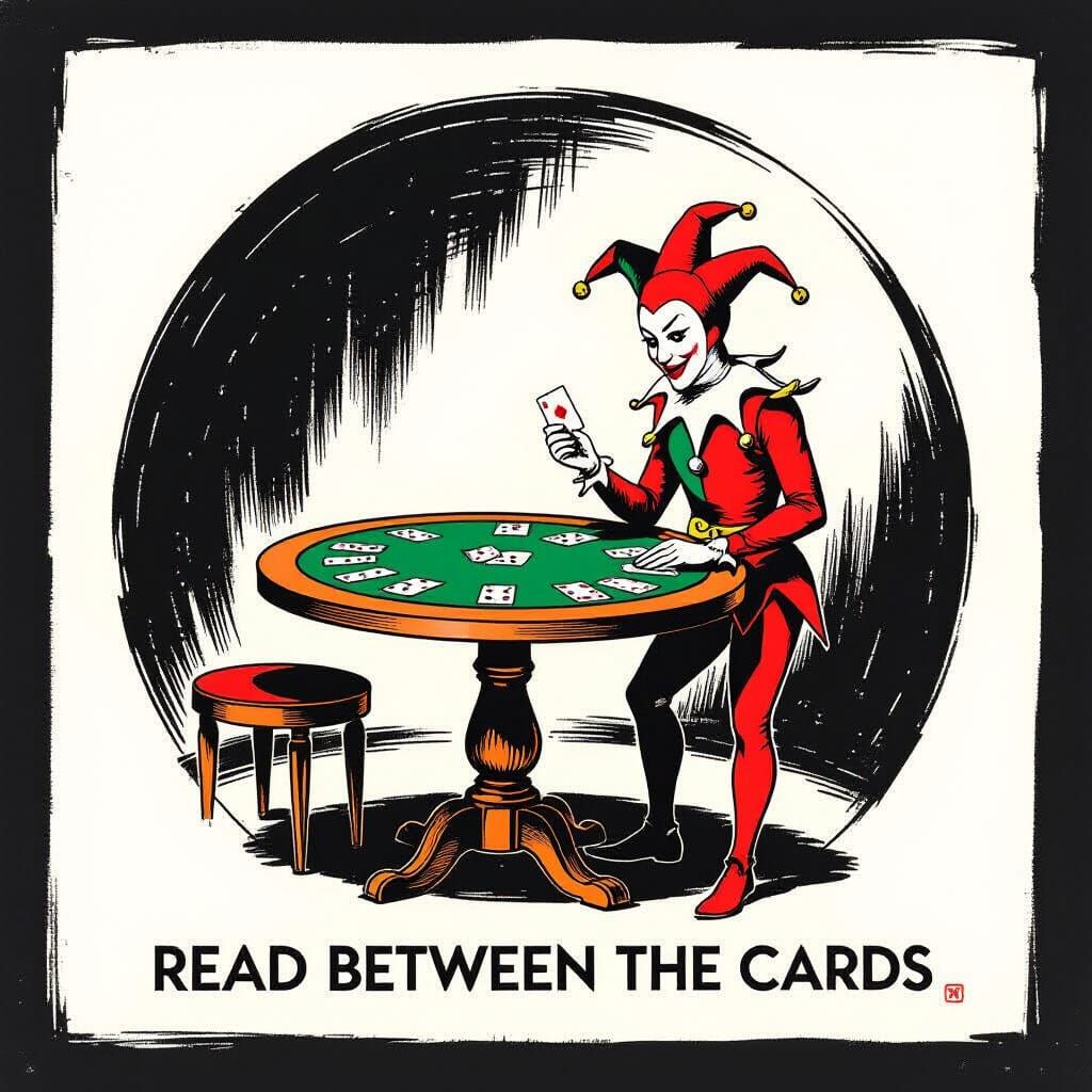 Graphic Drawing of Cards and Jester in Minimalist Ink Style