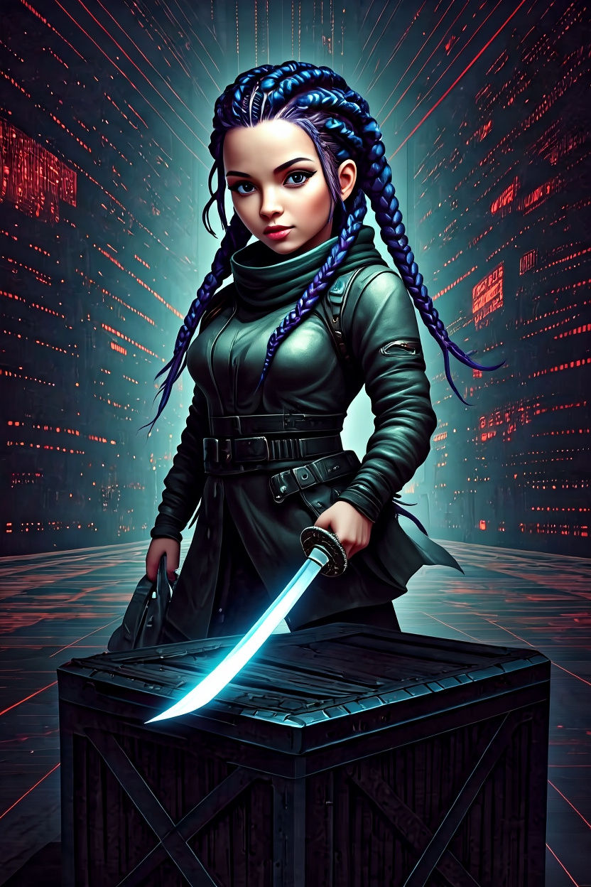 Confident Woman with Katana in Illusion City