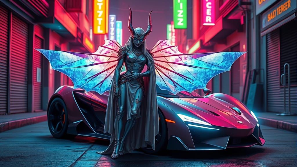 Cybernetic Seraph in Neon Cityscape, in Cyberpunk Style