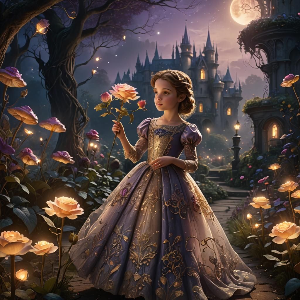 Little Girl in Mystical Garden with Glowing Rose