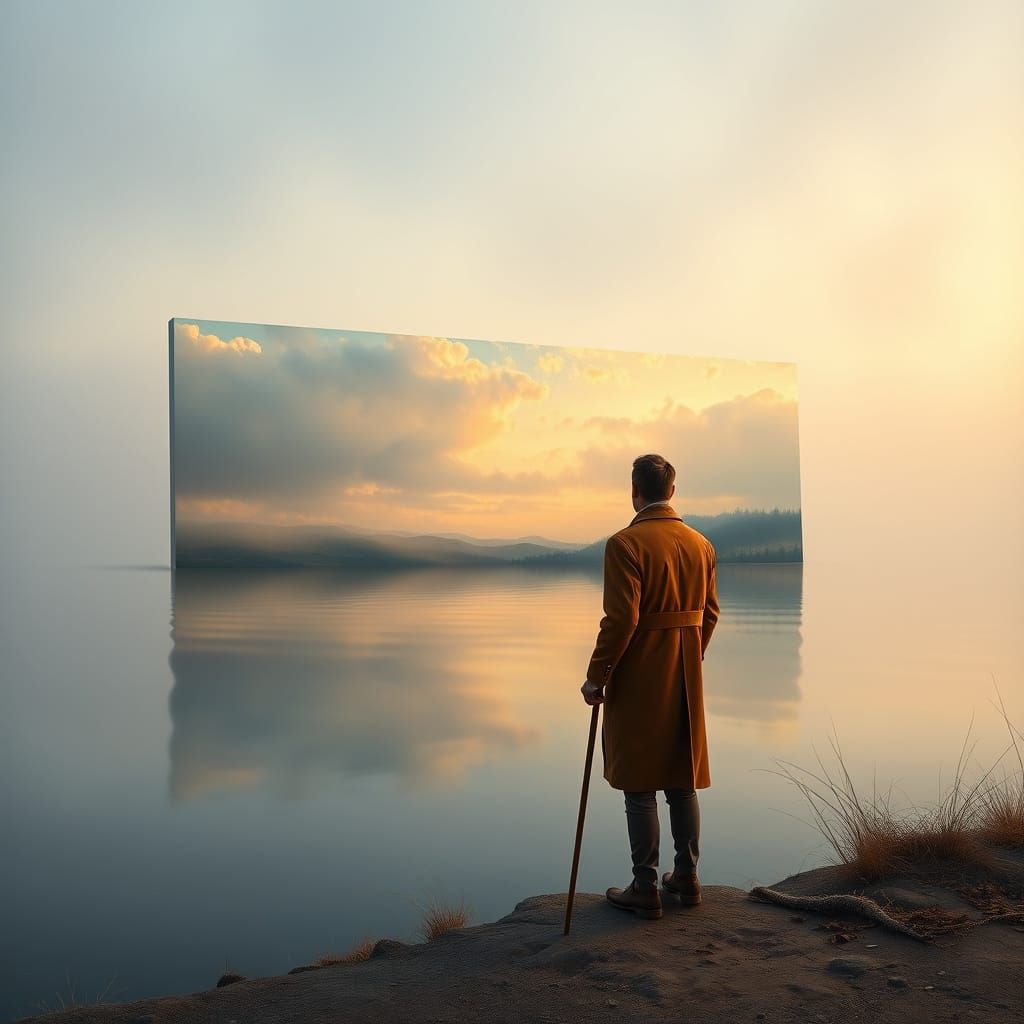 Serene Morning Lake Scene with Contemplative Figure and Maje...