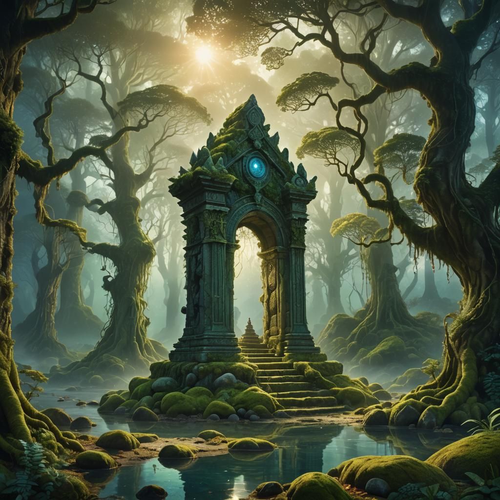 Mystical Stone Sanctuary in a Dreamlike Coastal Grove