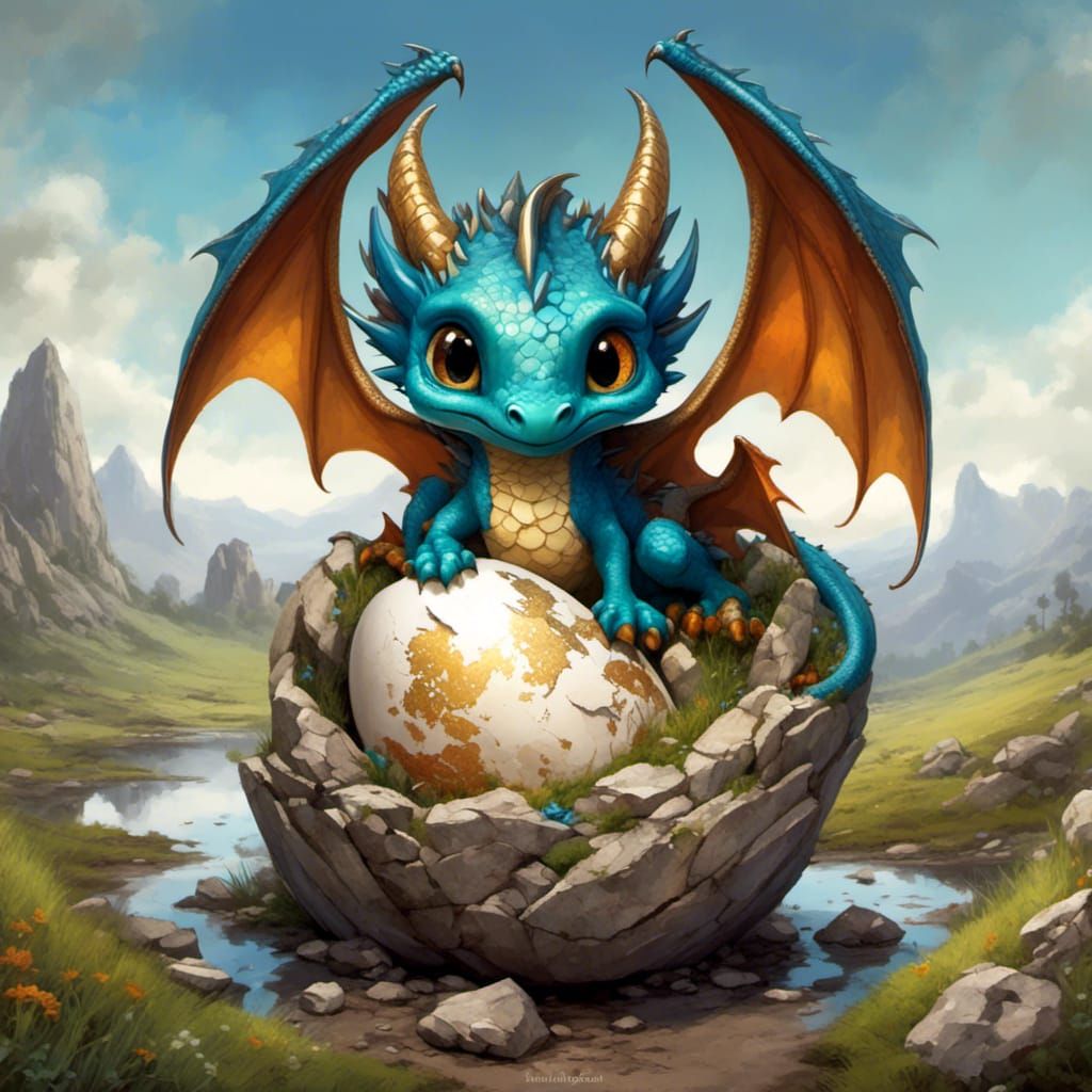 Adorable Baby Dragon Hatching in Rocky Landscape