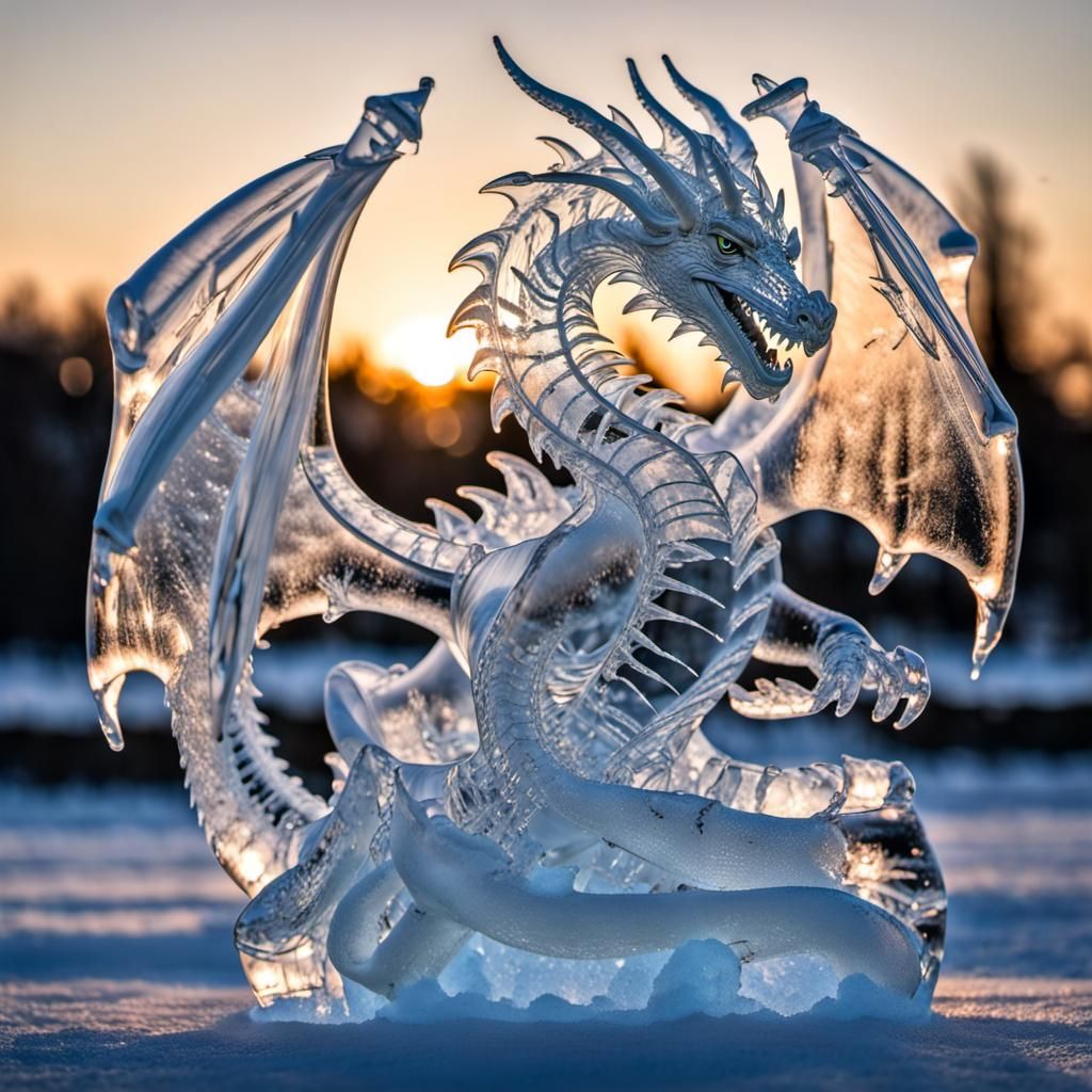 Detailed Ice Dragon Sculpture in Crystal Clear Ice
