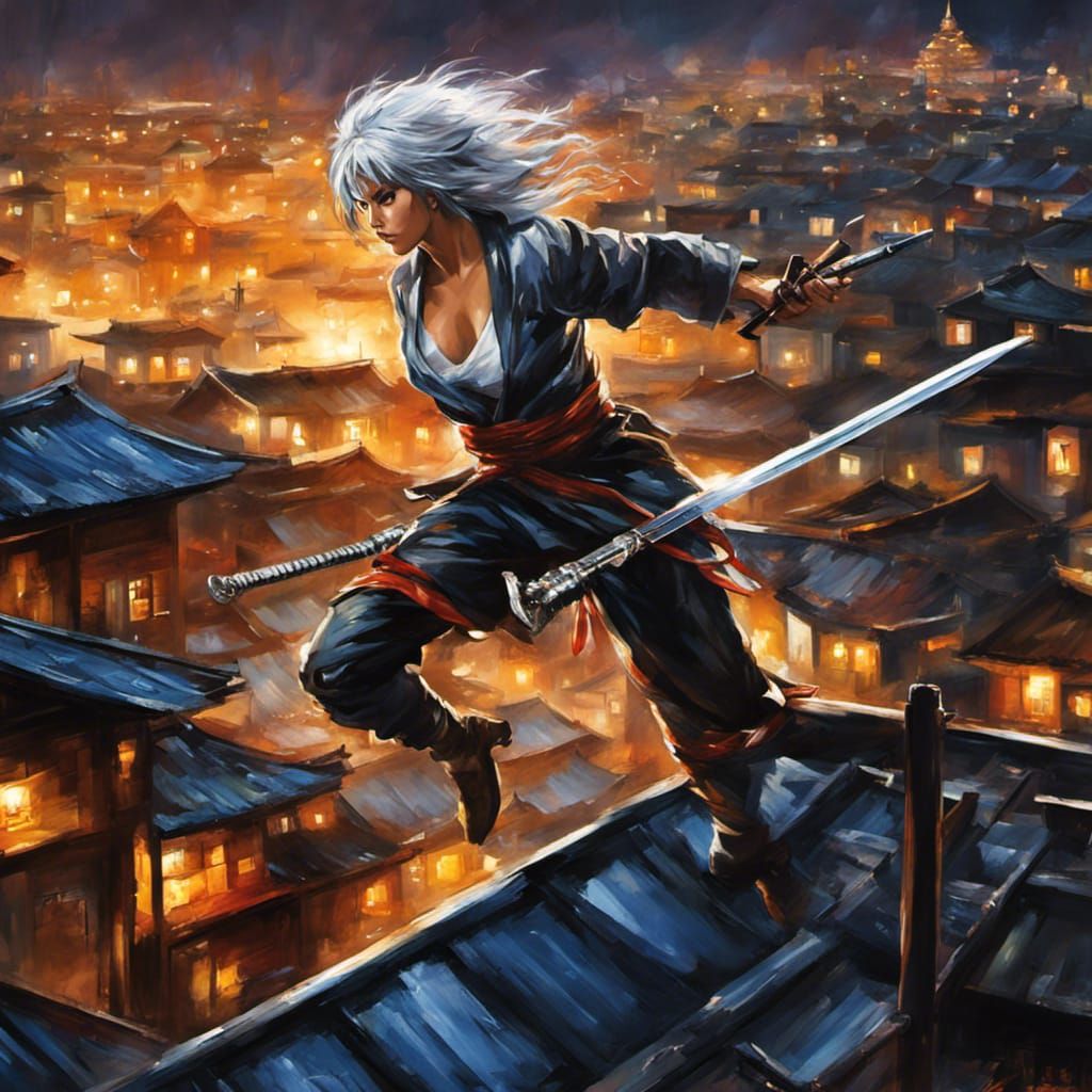 Yuki ninja assassin, silver hair various weapons, running along a Japanese rooftop at night to kill her target Leonid Af...
