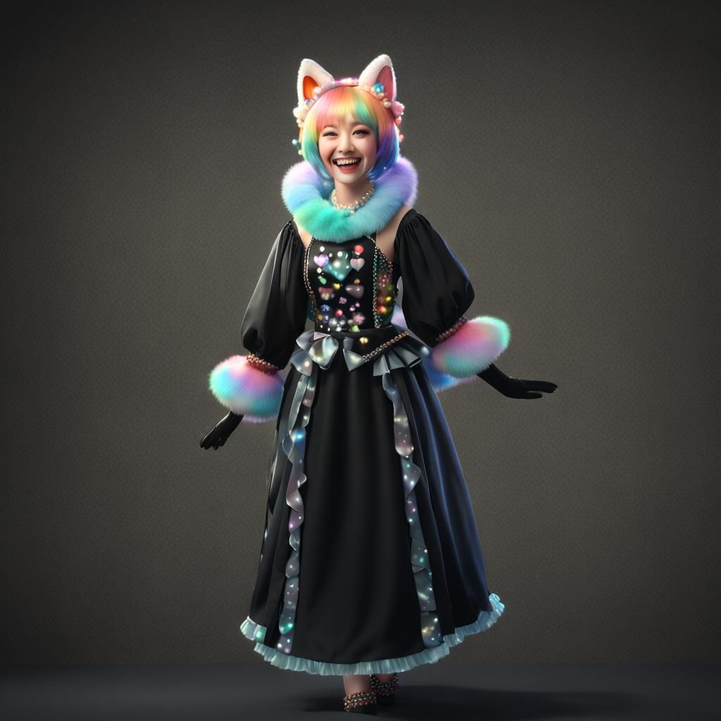 Fluffy Rainbow Kitsune in Anime Style