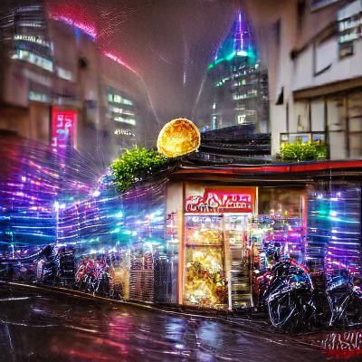 Takoyaki Shop in Rainy Tokyo: Cyberpunk Neon